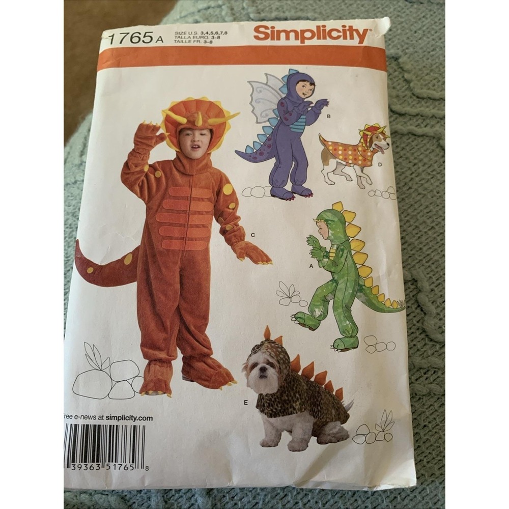 Simplicity 1765A Children's and Dog Dinosaur Halloween CostumeSize 3-8 Uncut/cut